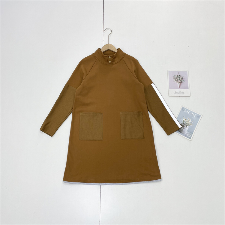 P复古焦糖棕~出口单25冬新款女士休闲中长款纯色套头小立领连衣裙