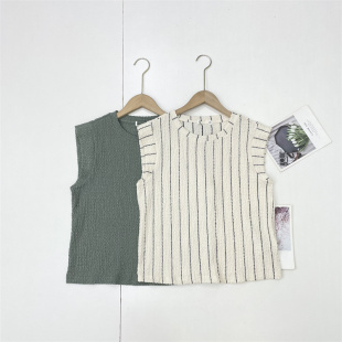 外单纯元 女超值通勤条纹短袖 圆领无袖 25秋新款 T恤衫 F1肌理感皱褶