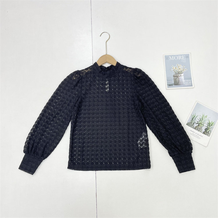 M3气质款～丹麦外单25年秋季新款女士立领镂空蕾丝长袖衬衫上衣