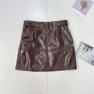 J2~PU好货复古咖外单女A字裙短裙2024年秋新款亮面皮裙短款时尚潮