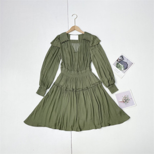 收褶休闲V领柔软A字中长连衣裙 英单25秋新女士长袖 F6法式 海岛丝