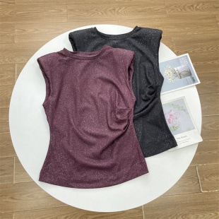 亮片款 收腰圆领背心衬衫 北欧单25秋款 套头上衣时尚 女无袖 X1法式