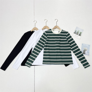 25秋新款 上衣T恤衫 经典 圆领长袖 女三色 条纹打底衫 C6纯棉外单纯元
