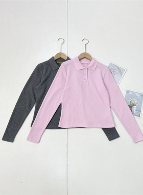 G2外单北欧单26春季新款女士翻领半门襟长袖衬衫套头纯色针织上衣