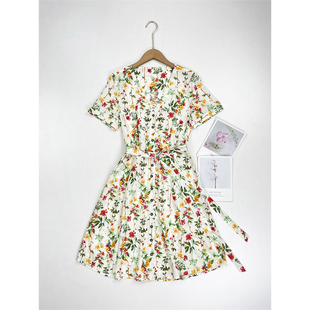 女士短袖 25夏新款 碎花花色V领高腰中长连衣裙 外贸纯元 D1仅有42码