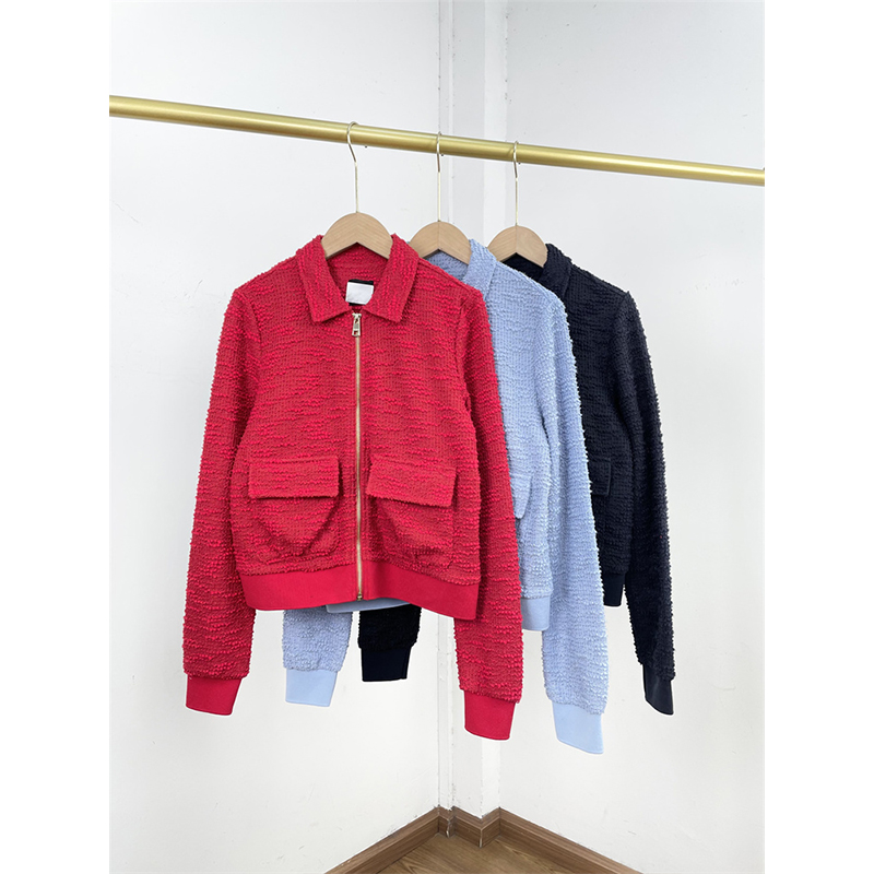 H3提花混纺出口德国单薄款26春新款女翻领拉链开衫外套上衣小夹克