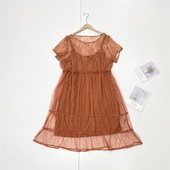 带内衬连衣裙大码 C5仅有L码 外单复古蕾丝波点提花女中长裙短袖