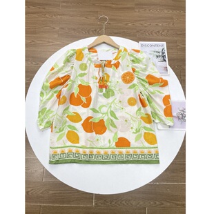 吸湿透气上衣套头衬衫 女圆领碎花灯笼袖 55%亚麻美国轻奢26夏款