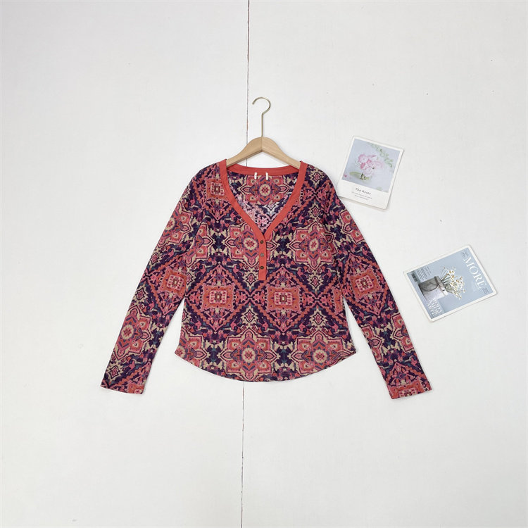 G4民族风图腾印花~外单纯元26春新款女长袖V领华夫格打底衫T恤衫,女装/女士精品,T恤,淘宝优惠券,粉丝福利购,淘宝优惠卷