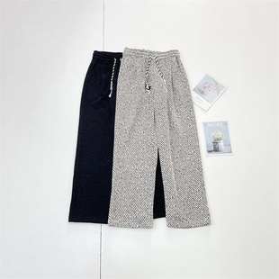 慵懒银丝斜纹裤~国内单25冬新款女加绒松紧腰宽松阔腿裤直筒长裤