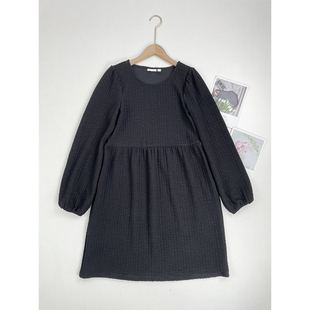 C6仅XS,S码外单女士长袖纯色圆领中裙连衣裙提花纹路肌理感面料