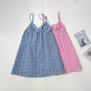 G7清爽格纹~外单纯元吊带裙女士无袖A字连衣裙薄款25夏季露背装