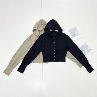 H3韩单大牌~25秋新款按扣开衫短外套连帽款罗纹柔软长袖卫衣开衫