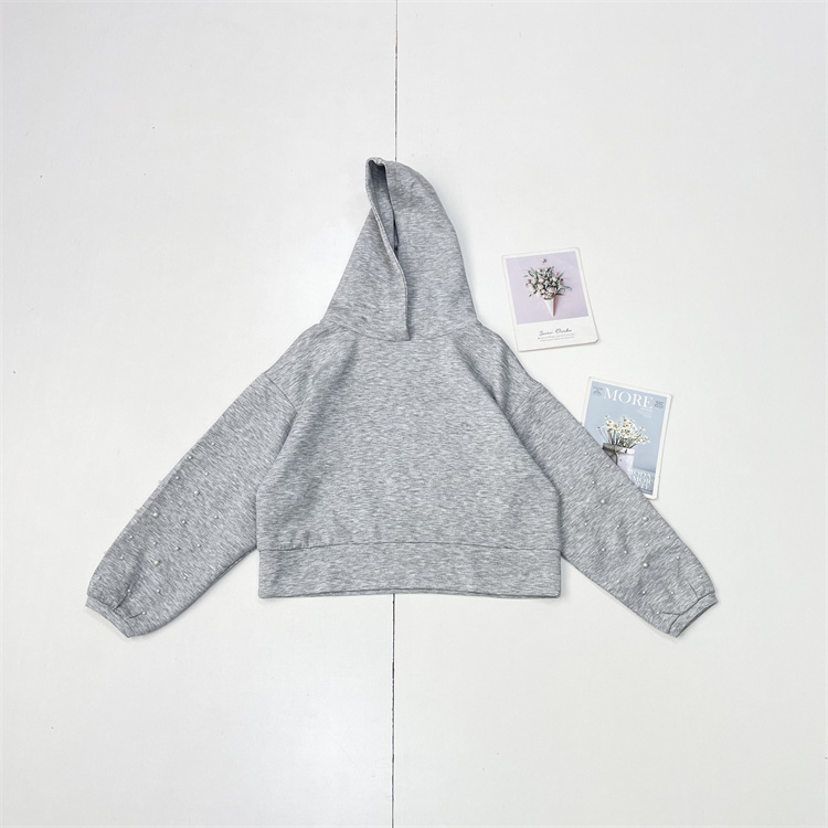 F6袖子订珠~日单25秋冬新款套头连帽卫衣中性色灰雅致精致上衣女