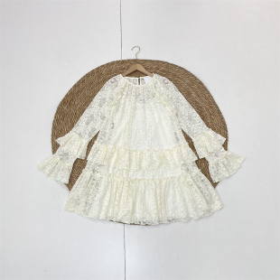 女圆领中长裙长袖 带内衬连衣裙 北欧外单26春夏新款 G2仙气蕾丝裙