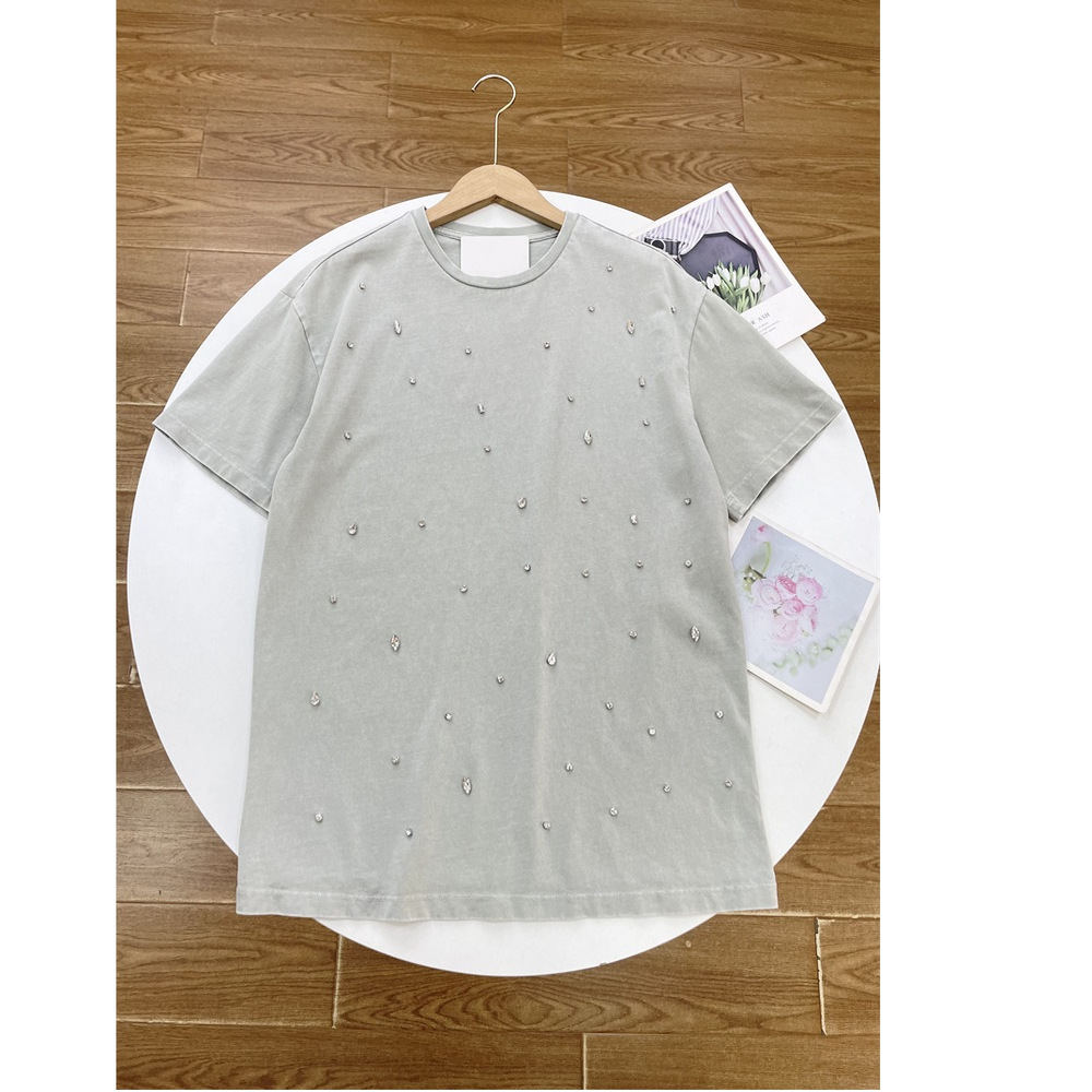 Y1钉钻装饰~俄单纯元优质全棉做旧短袖T恤2026春夏新款宽松上衣女