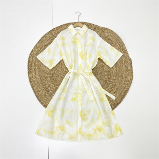 印花单排扣中长款 C3特惠清仓 25秋新翻领短袖 外贸纯元 连衣裙 亚麻