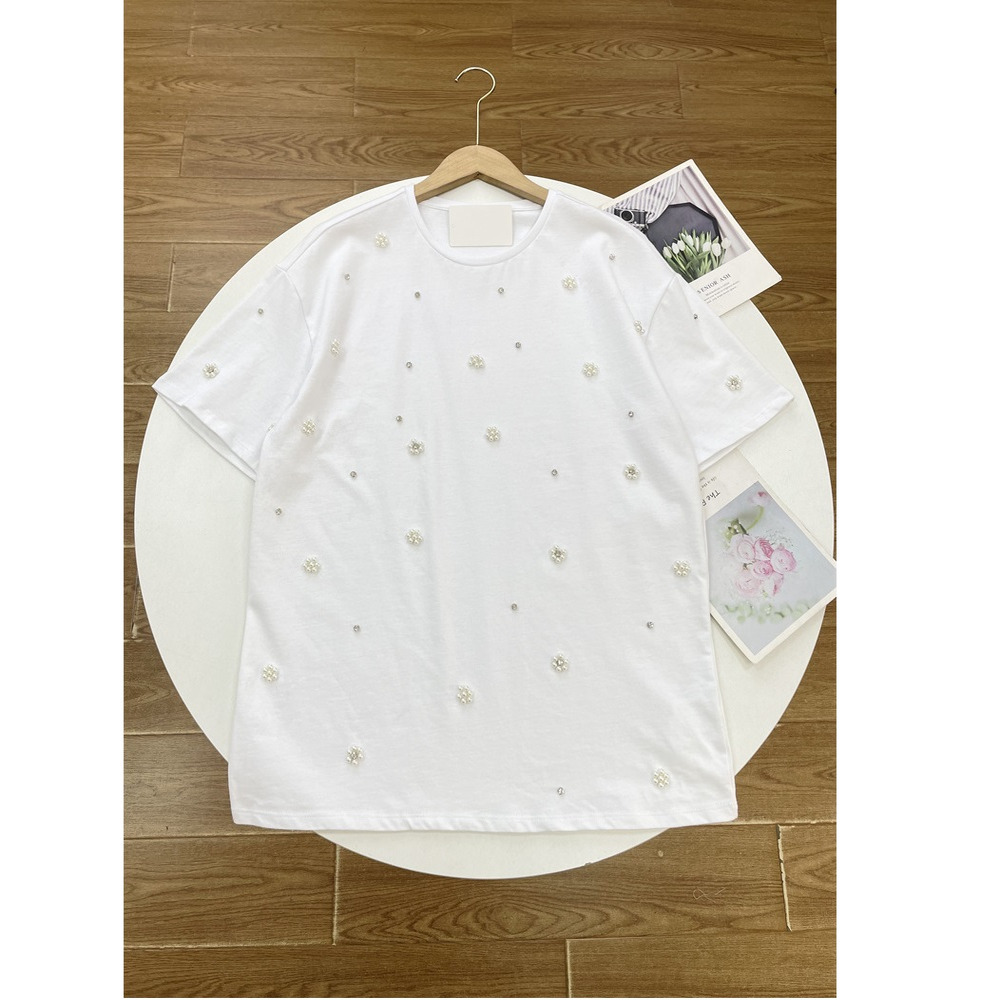 Y1珠珠装饰~俄单优质全棉纯白色短袖T恤2026夏季新款宽松上衣女