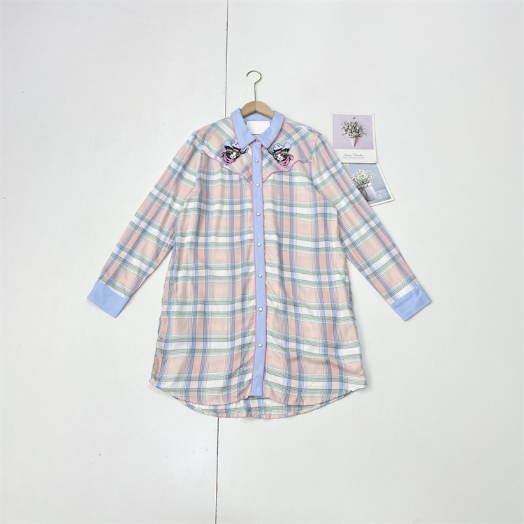 D2外单出口单100%棉磨毛面料26春新款长袖家居服翻领中长款格纹款