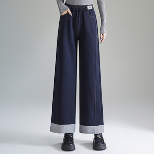 中老年妈妈牛仔裤女时尚春秋高腰深档宽松大码弹力直筒长裤深蓝色