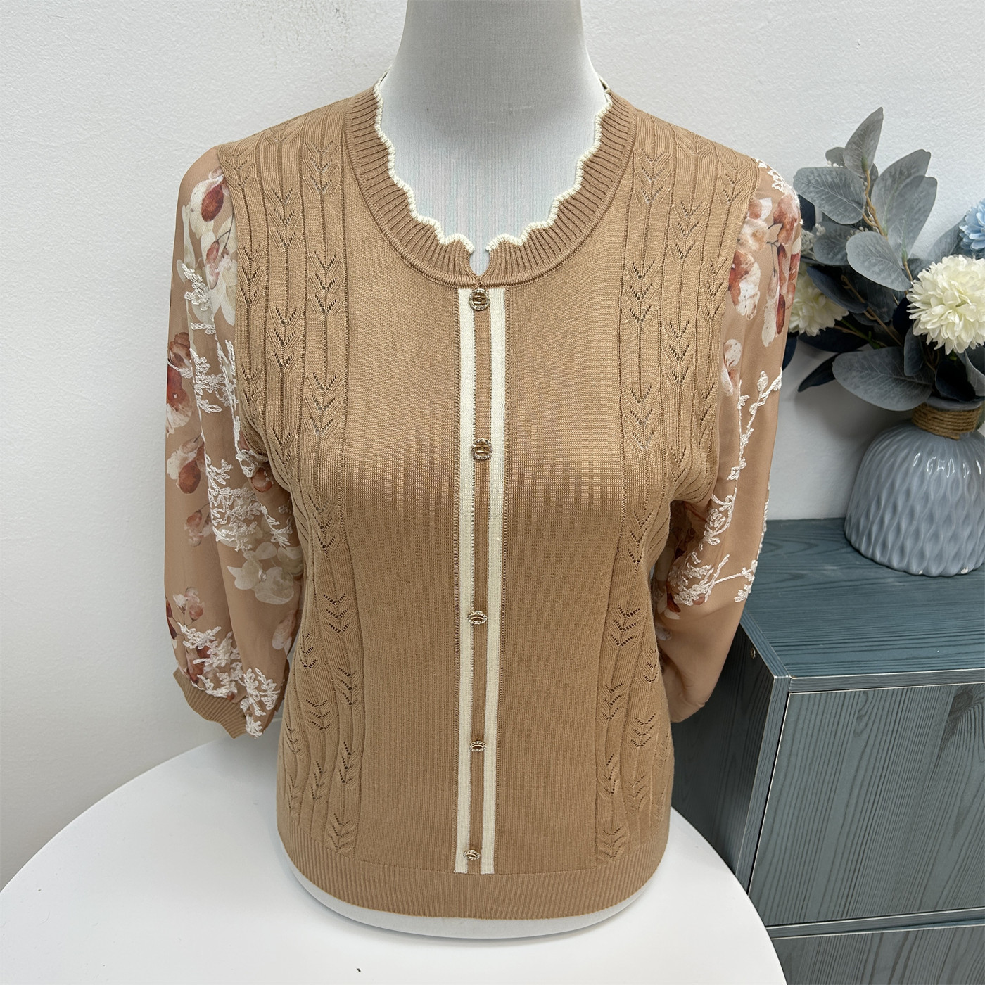 妈妈春装洋气针织T恤纱袖小衫中年女装七分袖上衣中老年春夏季薄