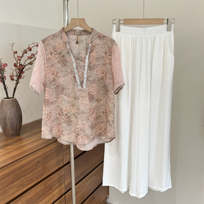 新中式妈妈夏装套装雪纺小衫