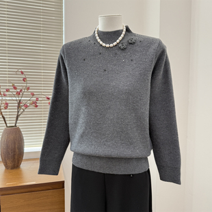 秋冬半高领加绒毛衣女加厚一体绒内搭打底针织衫中老年女保暖上衣