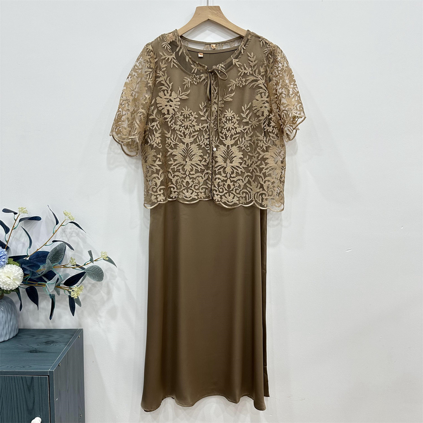 妈妈夏装连衣裙新款短袖上衣中老年女装新中式国风两件套套装真丝