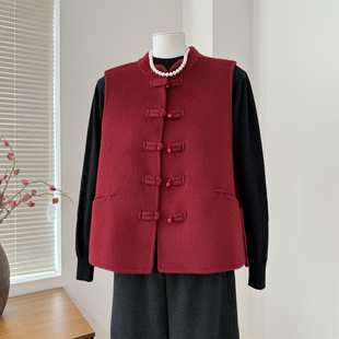 妈妈春装马甲双面呢绵羊毛呢子背心中老年春秋红色坎肩新年喜婆婆