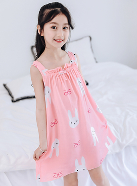 女童夏季睡裙棉绸薄款女孩家居服睡衣中大童亲子裙儿童吊带裙