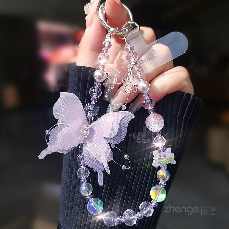蝴蝶水晶手机链条ins女士超好看小众精致高级感串珠饰品户外旅游