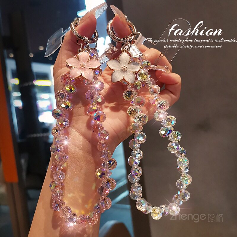 年华花朵吊坠水晶手机链ins女士小众高级感挂件串珠手链短款好看