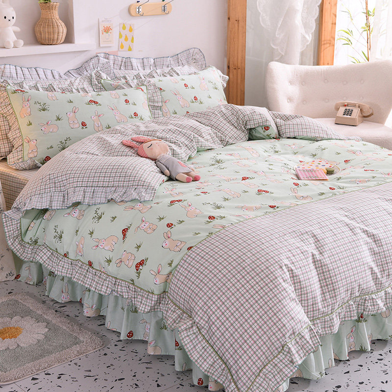 卡通风小兔床单式四件套100%全棉纯棉被套荷叶边被罩亲肤床上用品