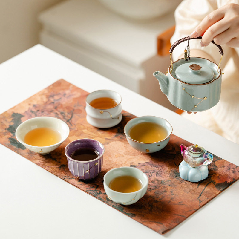 新款锔钉陶瓷提梁壶五大名器茶具七件套礼盒装伴手礼茶具套装礼品