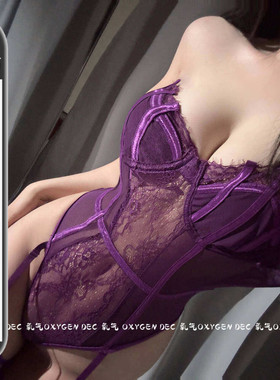 DEC暧昧蔓延 聚拢文胸性感蝴蝶结绑带纯欲一字肩女人味紫色连体衣