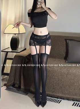 DEC绽放 极光油亮丝袜女薄款情调长筒袜性感蕾丝包臀裙一体吊带袜