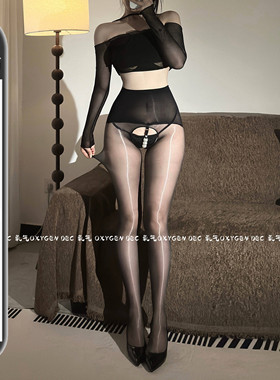 DEEC情结 性感极光油亮丝袜带珍珠连裤袜超薄油光情调开裆黑丝