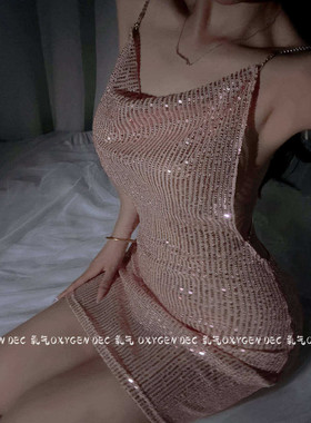 DEC纸醉金迷 纯欲星光亮片吊带睡裙性感名媛开叉诱人连衣裙