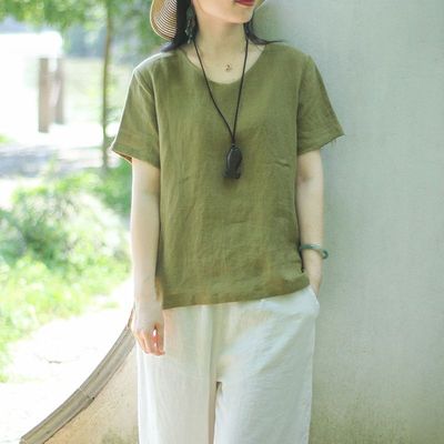 复古纯色亚麻短袖衬衫T恤夏季薄款宽松休闲文艺女装新款棉麻上衣