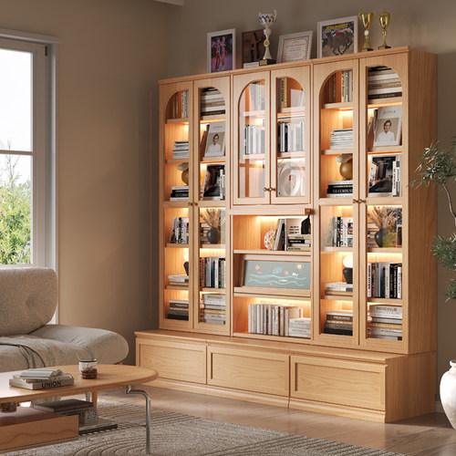 实木卡座书柜樱桃色组合书柜一体整墙去客厅化展示柜带玻璃门满墙