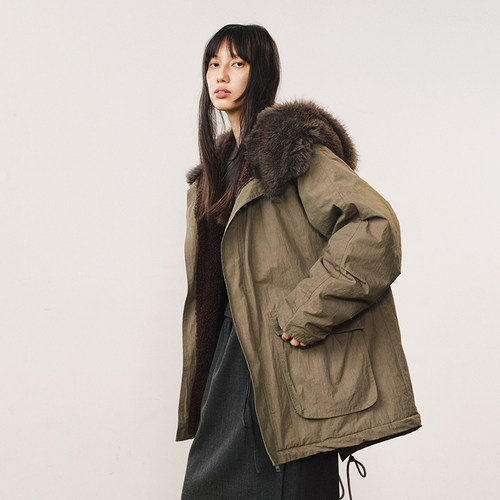 羊羔毛内里大毛领中长款派克棉服