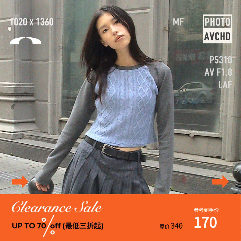 nomnonnomme麻花针织拼接合身版插肩长袖T恤秋冬