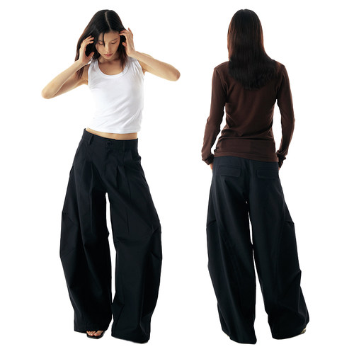 压褶双层宽松阔裤腿休闲长裤