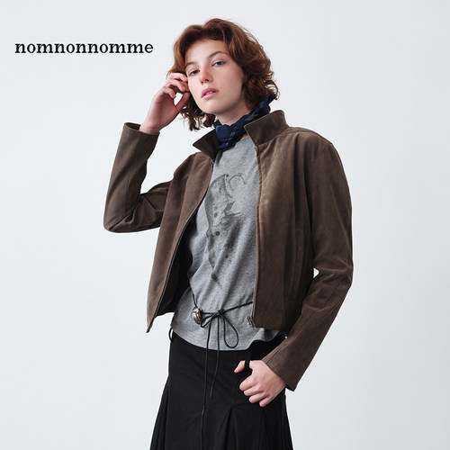 简单利落合身版型棕色系麂皮外套