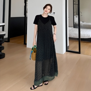 夏季大码女装胖mm显瘦遮肚法式吊带印花连衣裙T恤+过膝长裙两件套