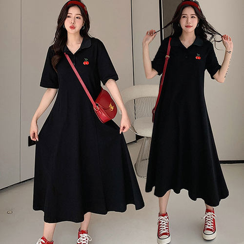 胖mm显瘦刺绣小樱桃T恤连衣裙