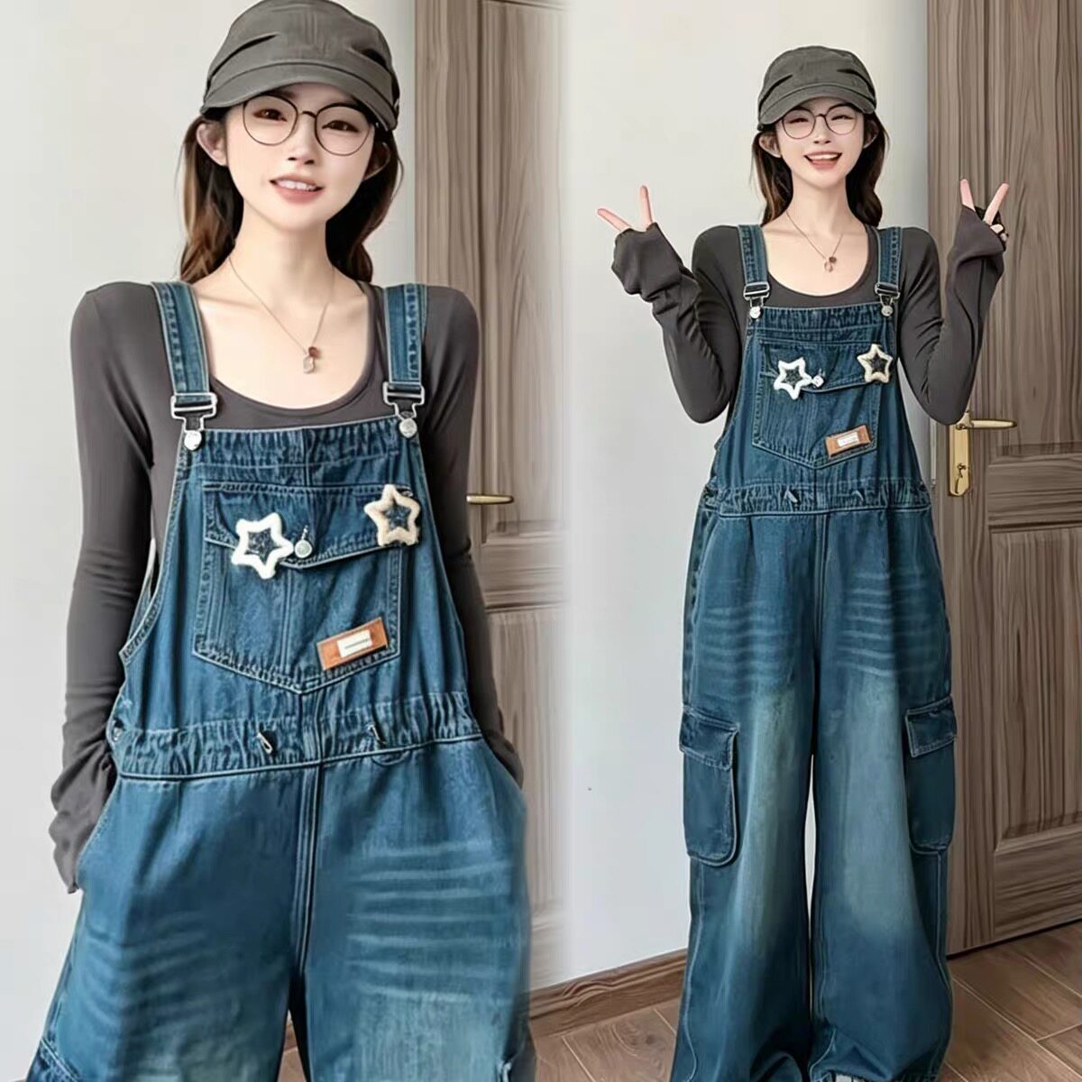 秋冬季大码女装胖mm宽松显瘦多口袋工装牛仔背带阔腿裤打底衫套装