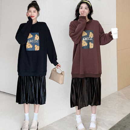大码女装秋冬新款胖mm宽松加绒拼接百褶丝绒连衣裙长款卫衣假两件