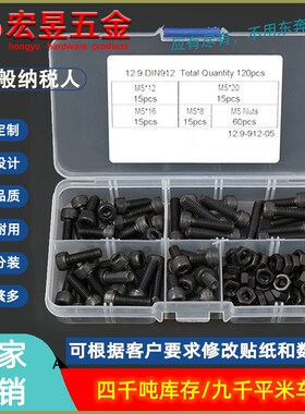 120pcs M5*8/12/16/20 黑色高强度杯头内六角螺丝螺母组合套装