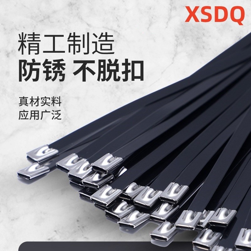 304喷塑不e锈钢扎带黑色4.6MM*300MM金属扎带船用扎带户外电缆扎